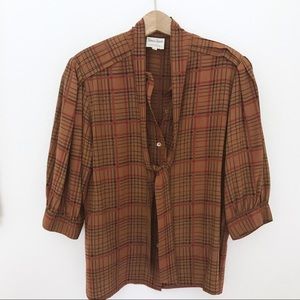 Silk Plaid Puffed Sleeve Vintage Top